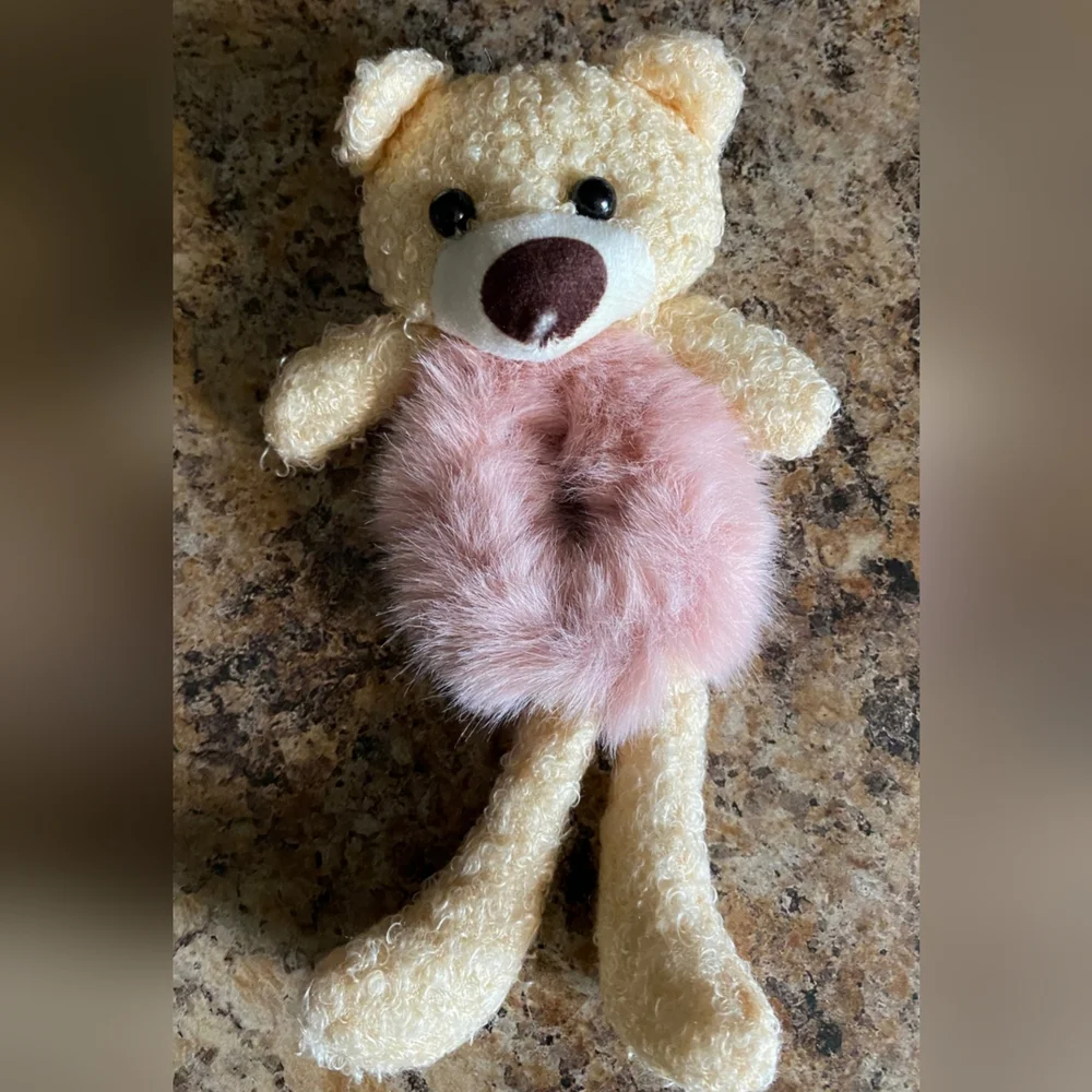 Teddy Bear w Fur belly Hair Scrunchie - Pink